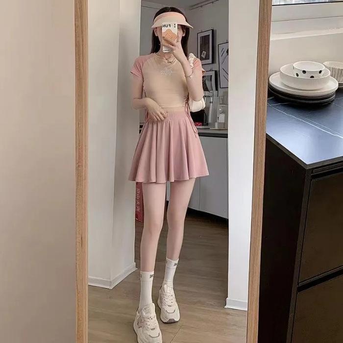 

Pink ice silk pleated skirt women s skirt summer new trouser skirt high waist thin thin small a-word skirt S