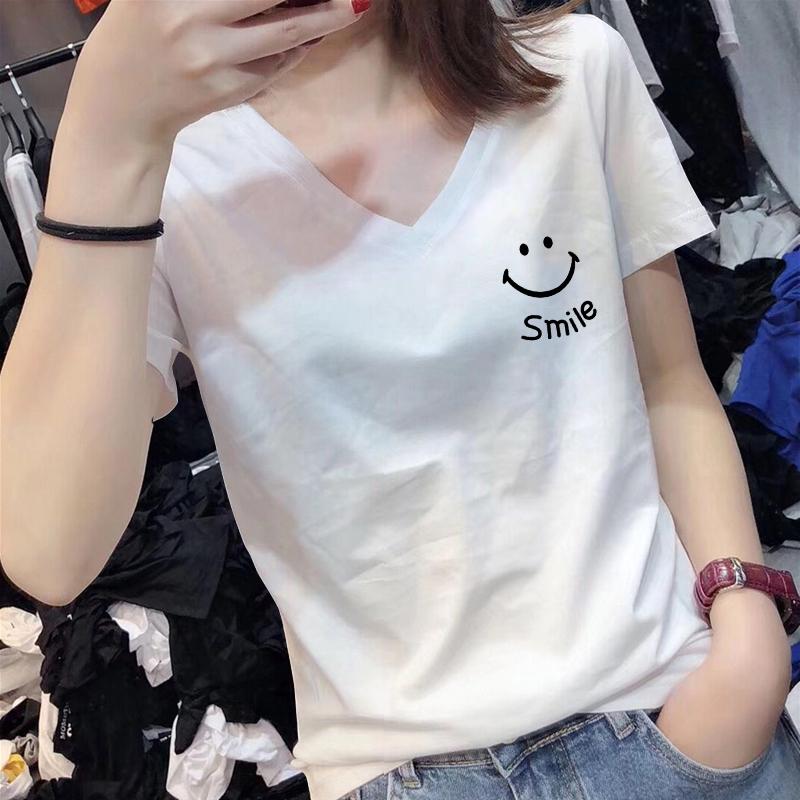 White Low V-neck T-shirt Women's Short-sleeved Summer Wear 2025 New Popular Pure Cotton Loose Top Large Neckline T-shirt
