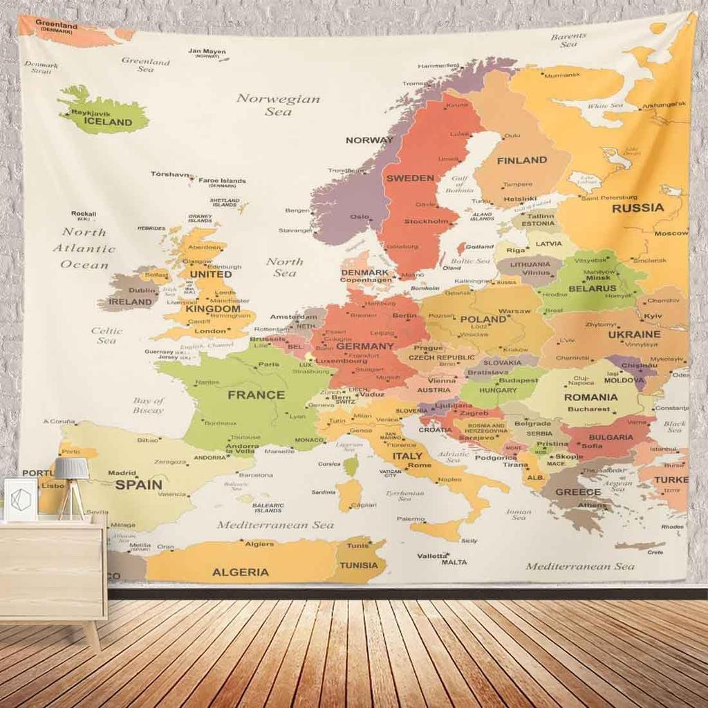 BULOR  Map Tapestry Wall Hangings EU Euro Vintage Map with Countries Cities Tapestry For Kids Student Bedroom Living Room Dorm Cave Background