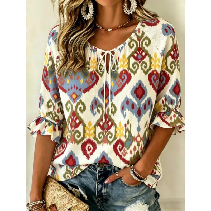 Women's elegant printed lace-up flared top, stylish and versatile, comfortable and skin-friendly