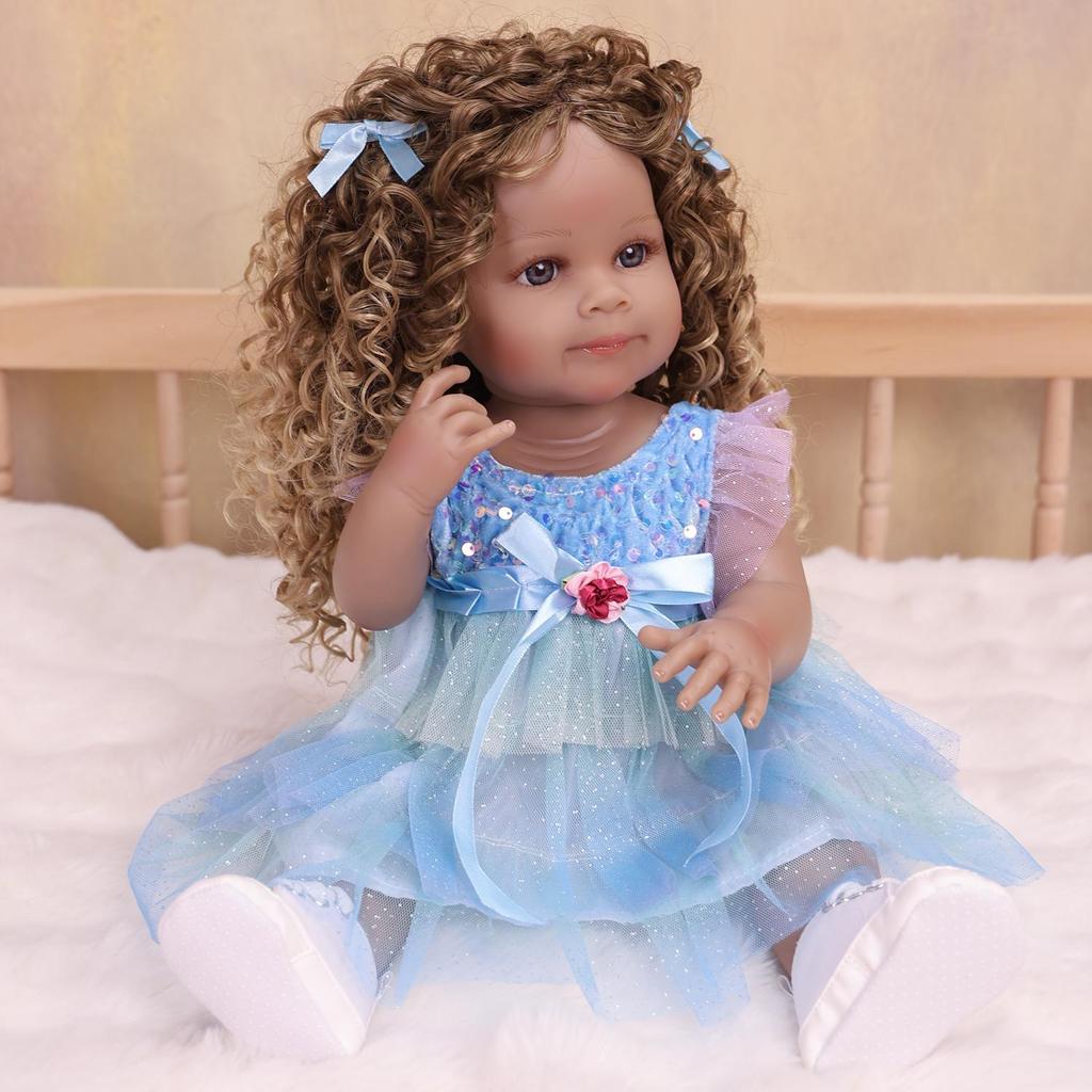 Black Skin 55cm Reborn Girl Doll Full Silicone Vinyl Bathe Newborn Babies Dolls Kids Playmates Christmas Halloween Decoration Gifts