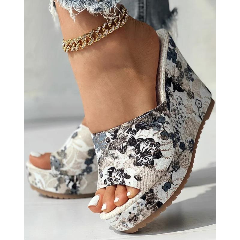 Large Slope Heel Printed Fashionable Slippers for Women In 2024, New Fashionable Thick Soled European and American Fish Mouth Roman Slippers