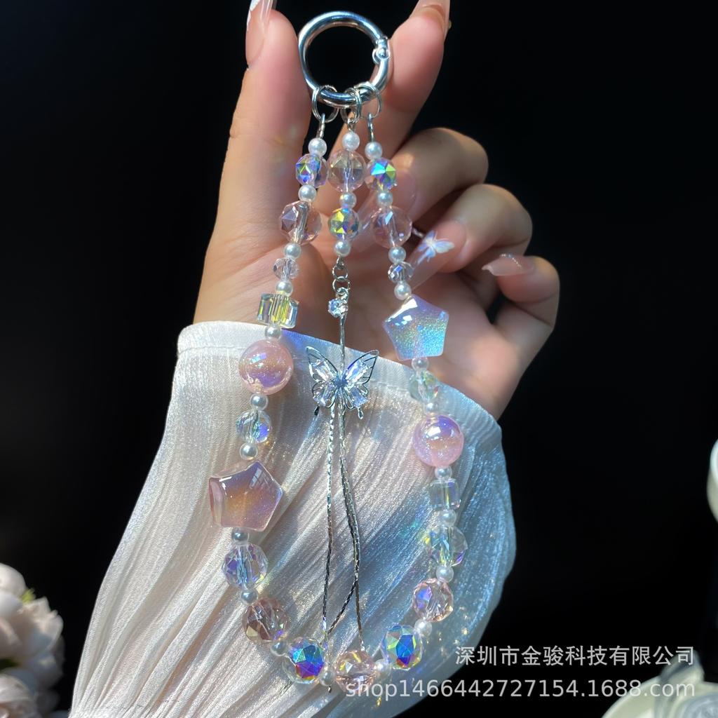 Colorful Five-Pointed Star Phone Chain High-End Butterfly Tassel Pendant New UV Bead Flower Ball Crystal Bead Keychain