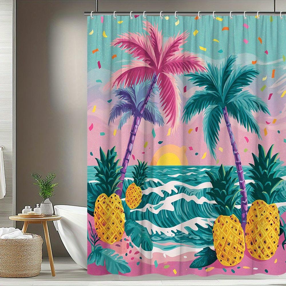 1Pc Tropical Landscape Shower Curtain Beach Scenery Banana Tree Pineapple Brilliant Colors Bathroom Decoration Polyester Fabric