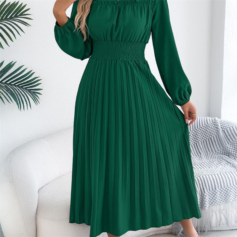 2026 Spring/Summer Women s Black Fungus Edge Long Sleeve Pulling Waist Pleated Long Skirt S-XL S зелёный