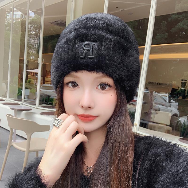 Korean New Winter Hat for Women's Big Head Wing Letter Wool Hat Imitation Mink Hair Autumn and Winter Warm Knit Hat Trend