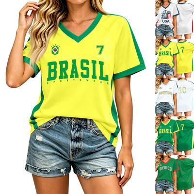 Casual V Neck Raglan Sleeve T Shirt Women Short Sleeve Letter Print Relaxed Fit Top for Sports Outdoor Activities