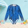 Girls High Neck Long Sleeve Front Zip One Piece Geometric Printed Swimsuit Black White Khaki