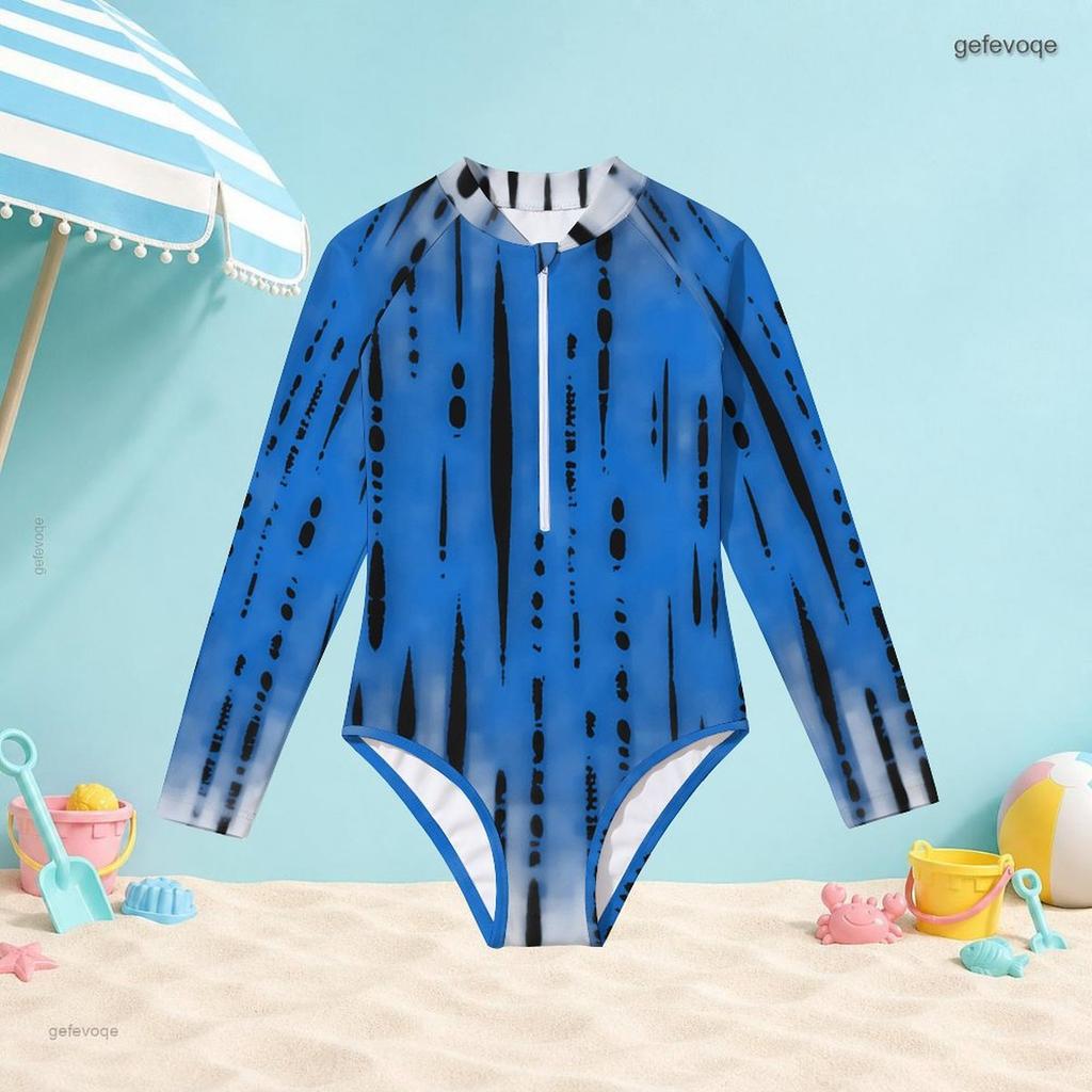 Girls High Neck Long Sleeve Front Zip One Piece Geometric Printed Swimsuit Black White Khaki
