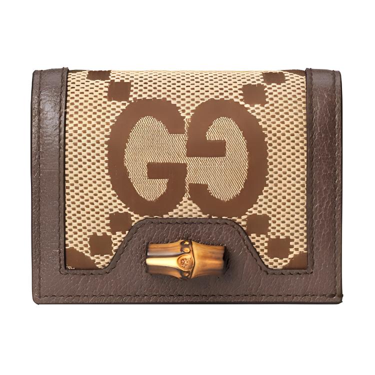 

Gucci Diana Bamboo Buckle Jumbo Super Double G Logo Double Fold Canvas And Leather Card Wallet Women Wallet Ebony Camel Brown 658244-UKMBT-2572