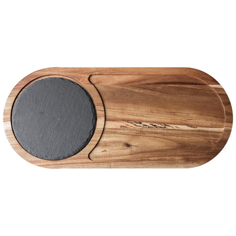 Sean, Solid Wood Snack Plate Wooden Tray Black Slate Plate Acacia Wood Bag Plate Western Food Japanese Cuisine Plate