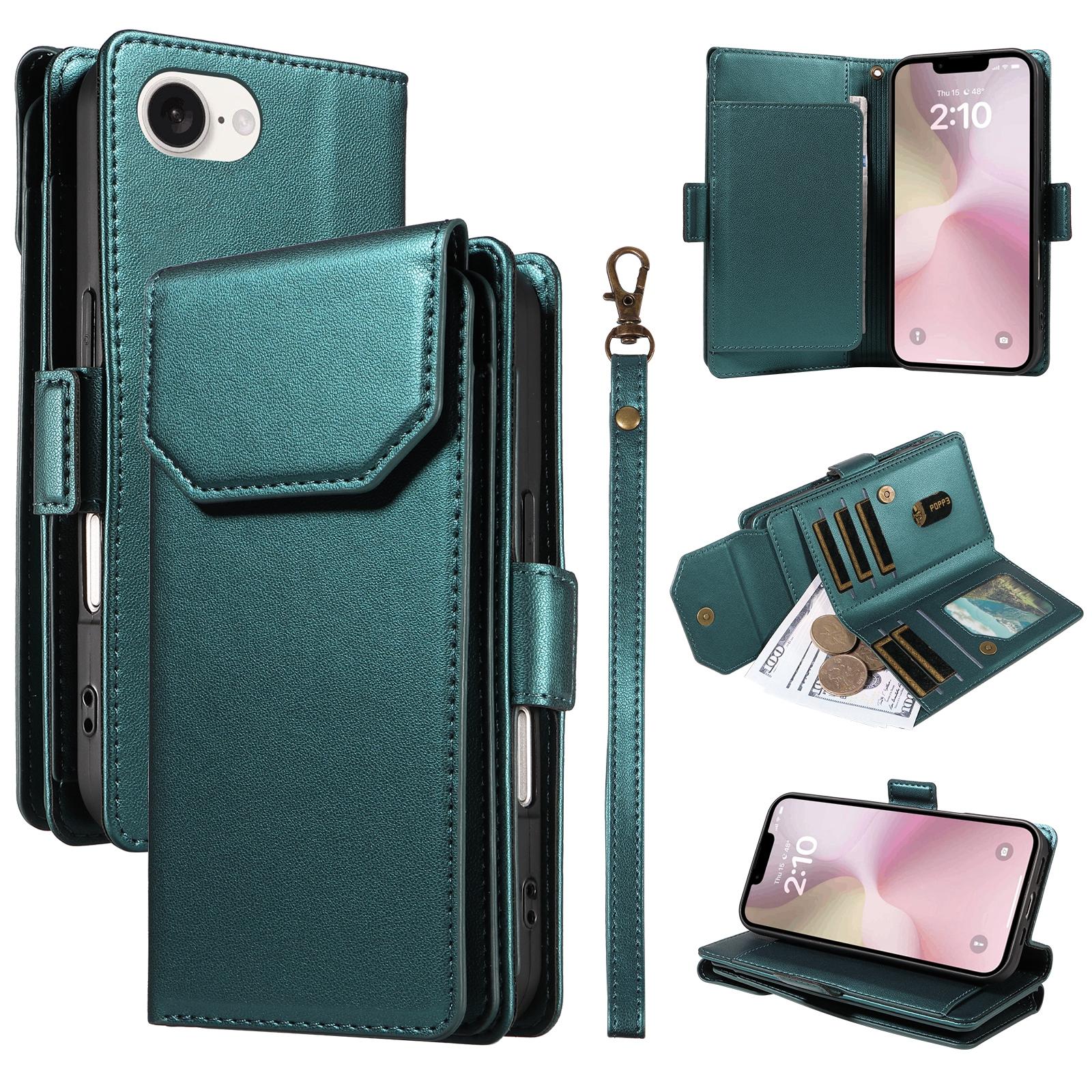 

Чехол для iPhone 16e с держателем для нескольких карт и ремешком, чехол-подставка из ПУ кожи для телефона Green