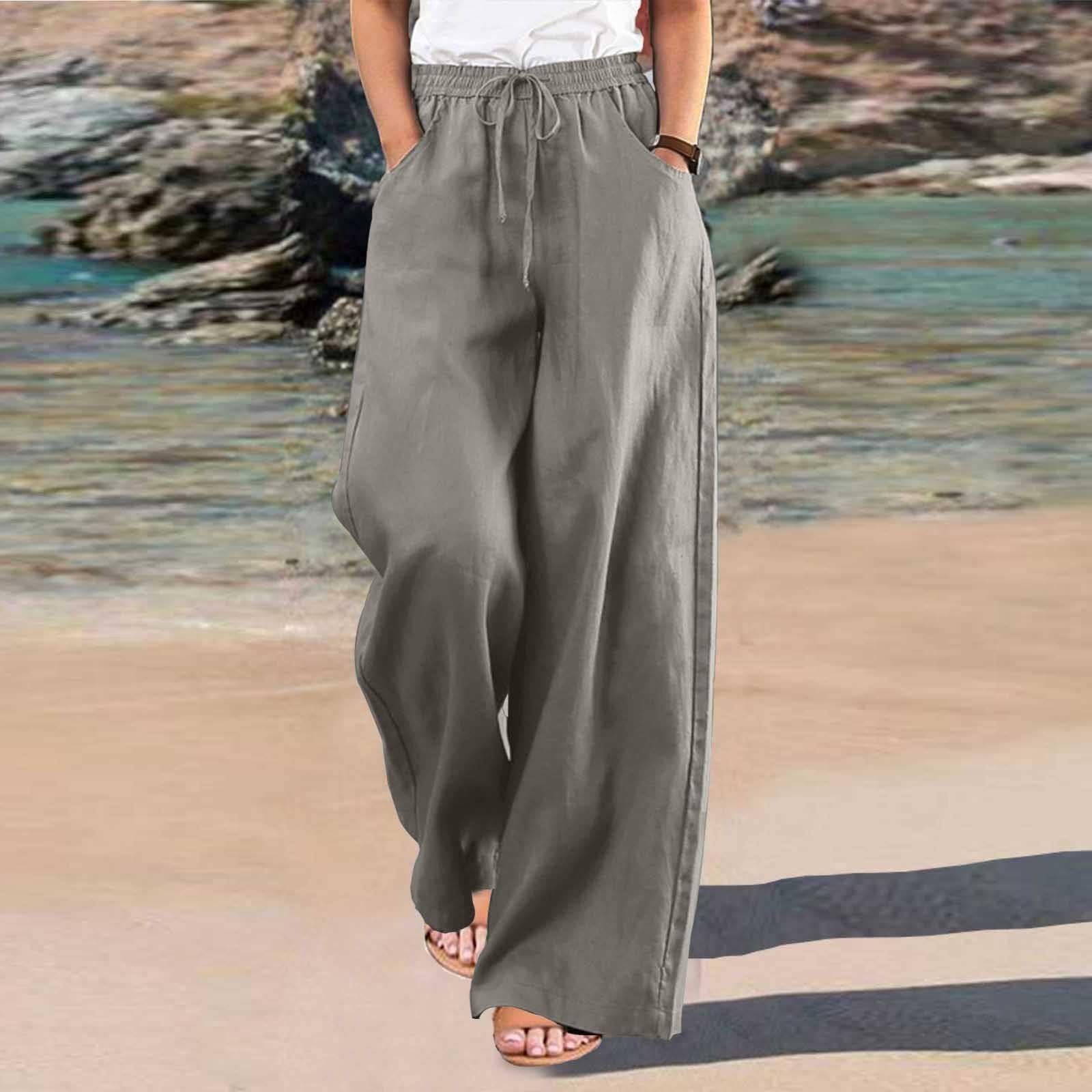 Women s Color Cotton Linen High Waist Loose Casual Wide Leg Pants L