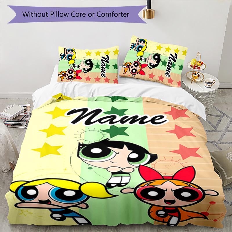 3pcs The Powerpuff Girls9 Cover Set - Personalized Name, HD Printed Bedding with 1 Cover and 2 Pillowcases - Perfect for Home Decor, Easy Care