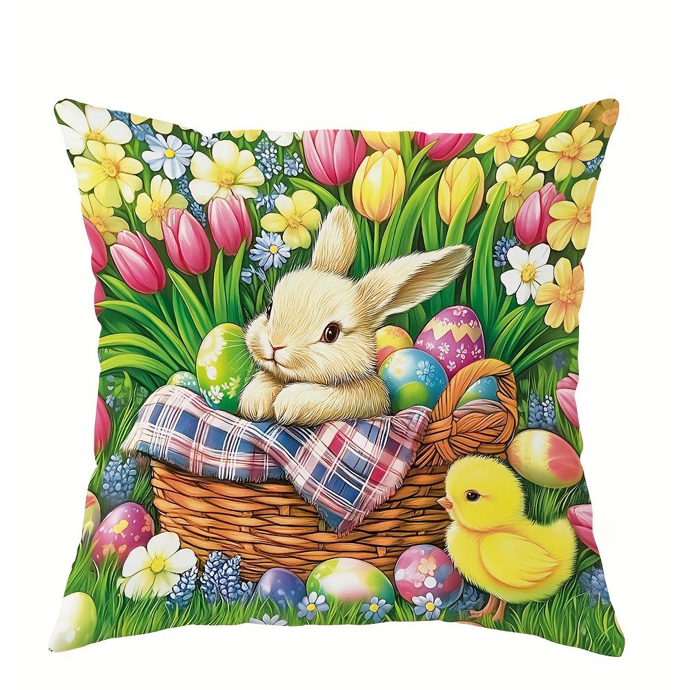 1Pc Easter Bunny Flower Chick Pillowcase Cute Funny Yellow Green Pink Decorative Pillow Cover Zipper Closure Machine Washable