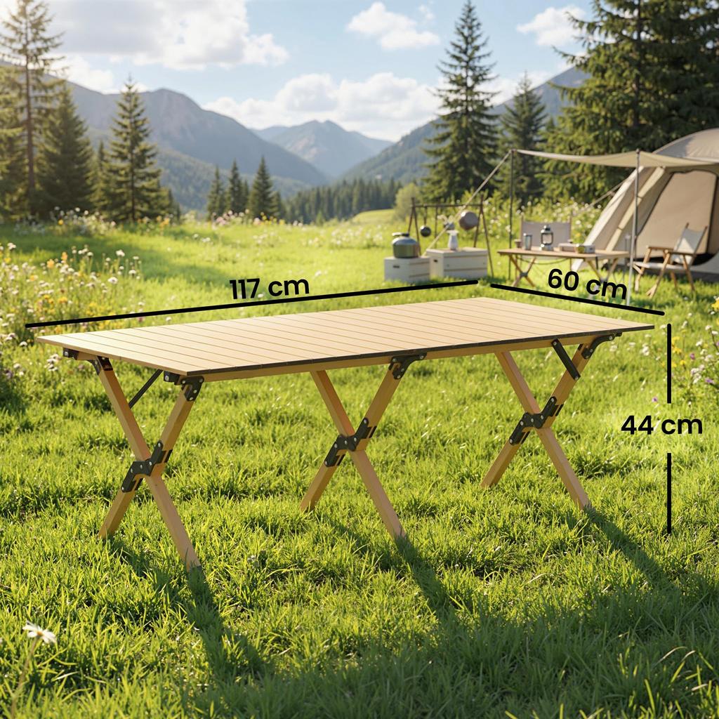 Camping Table 117 X 60 Cm Aluminum Folding Table with Roll-up Tabletop Wood-look Carrying Bag Waterproof