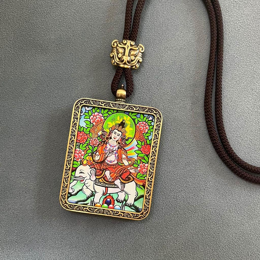 Thangka Pendant Necklace - Yellow & Black Guardian Buddha Amulet