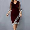 Summer Women Dress Sequin See-through Mesh Three Quarter Sleeves Irregular Hem Contrast Color Slim Fit V Neck Knee Length Commute Party Prom