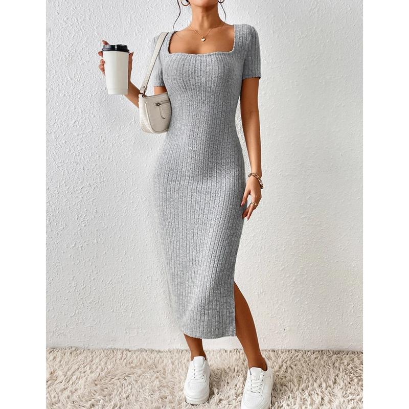 Summer New Short Sleeve Women's Knitted Dress Elegant Fashion Square Neck Sexy Dress Women Slim Fit Split High Waist Casual Dresses for Women 25102