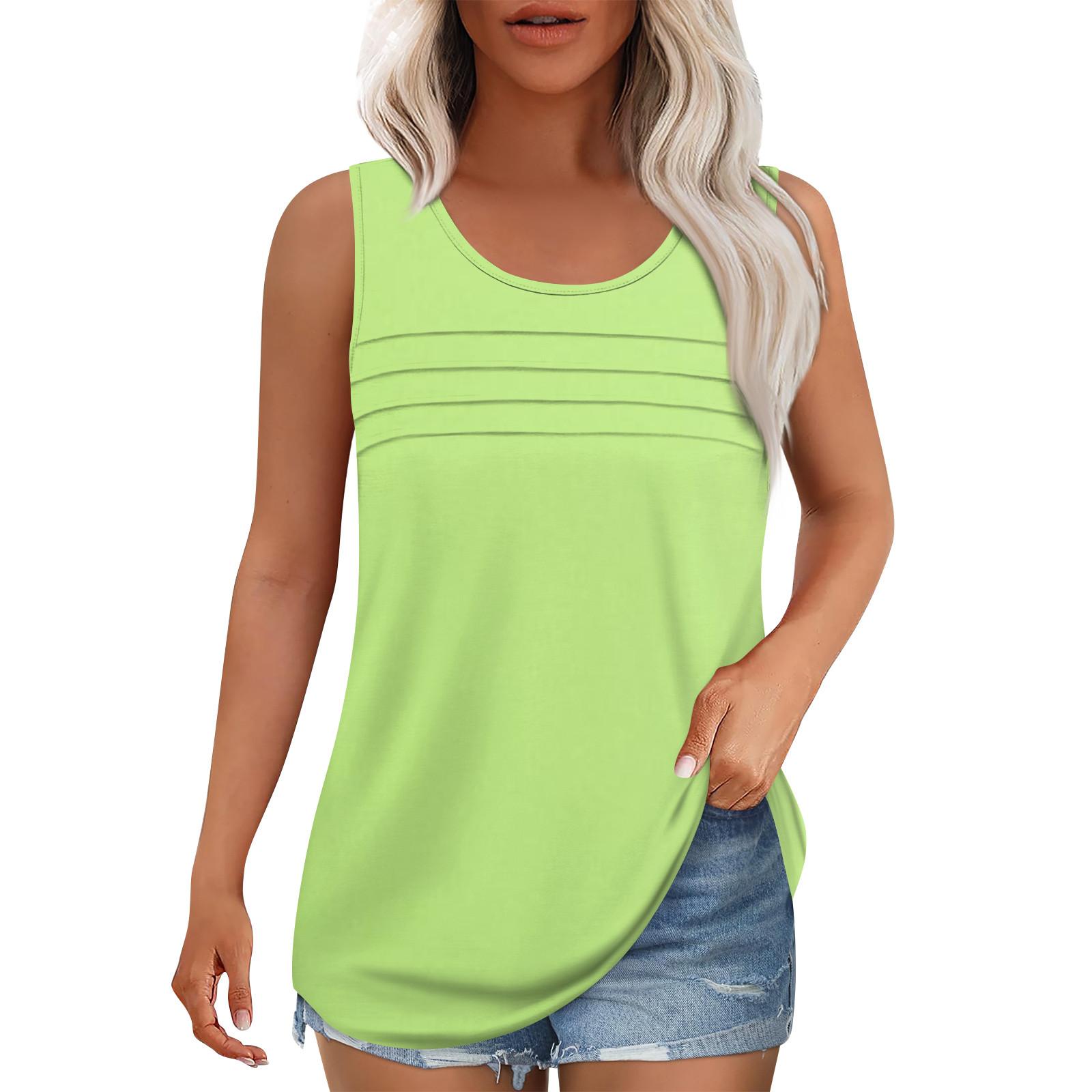 

Майка для женщин Летние наряды Блузки без рукавов Повседневные свободные рубашки Округлый вырез Складки спереди XXL зелёный