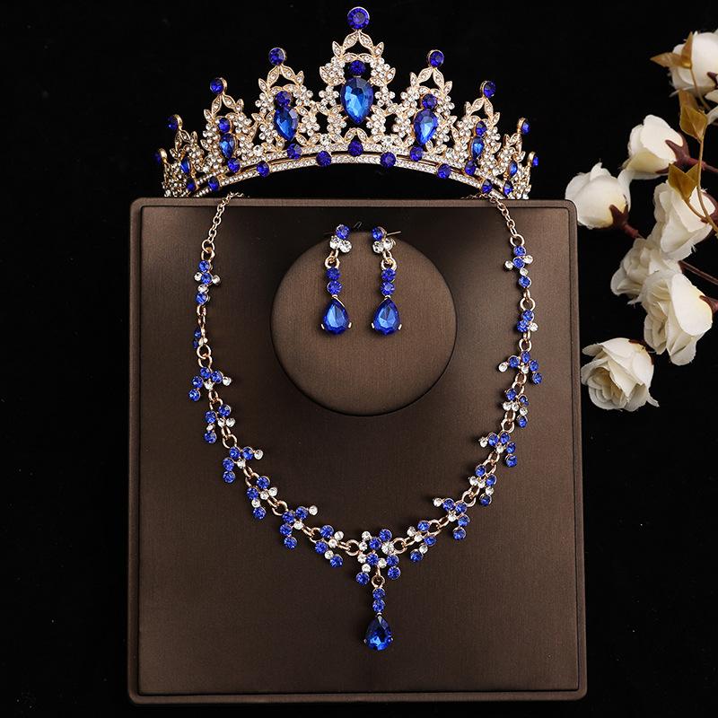 DIEZI Baroque Bridal Rhinestone Crown Tiaras For Women Wedding Princess Queen Blue Crystal Tiaras Necklace Earrings Jewelry Sets