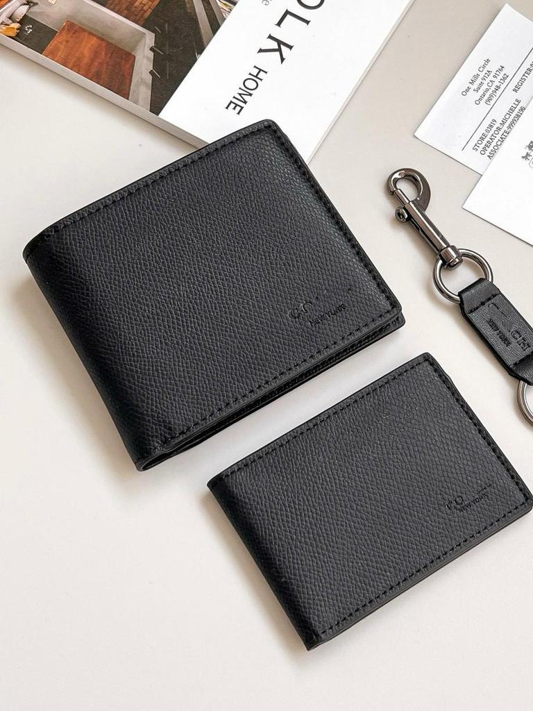 Men's Embossed Cowhide Bifold Wallet with Card Holder & Keychain
