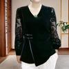 Women's Spring/Fall Pullover Printed Velvet Shirt V-Neck Long-Sleeve Lace Oversized Top