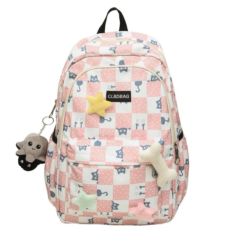 Plaid Cat Print Nylon Schoolbag Large Capacity Backpack High School Student Backpack