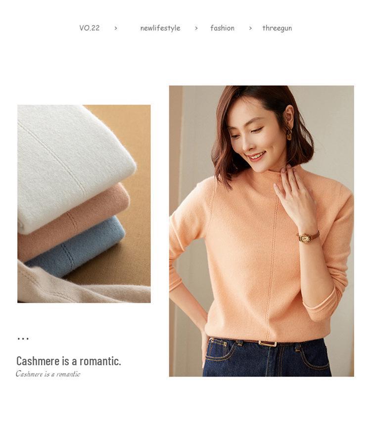 Women's High Neck Cashmere Wool Pullover – Solid Color, Half Sleeve, Inner Rolled Edge, Perfect Base Layer for Autumn/Winter.