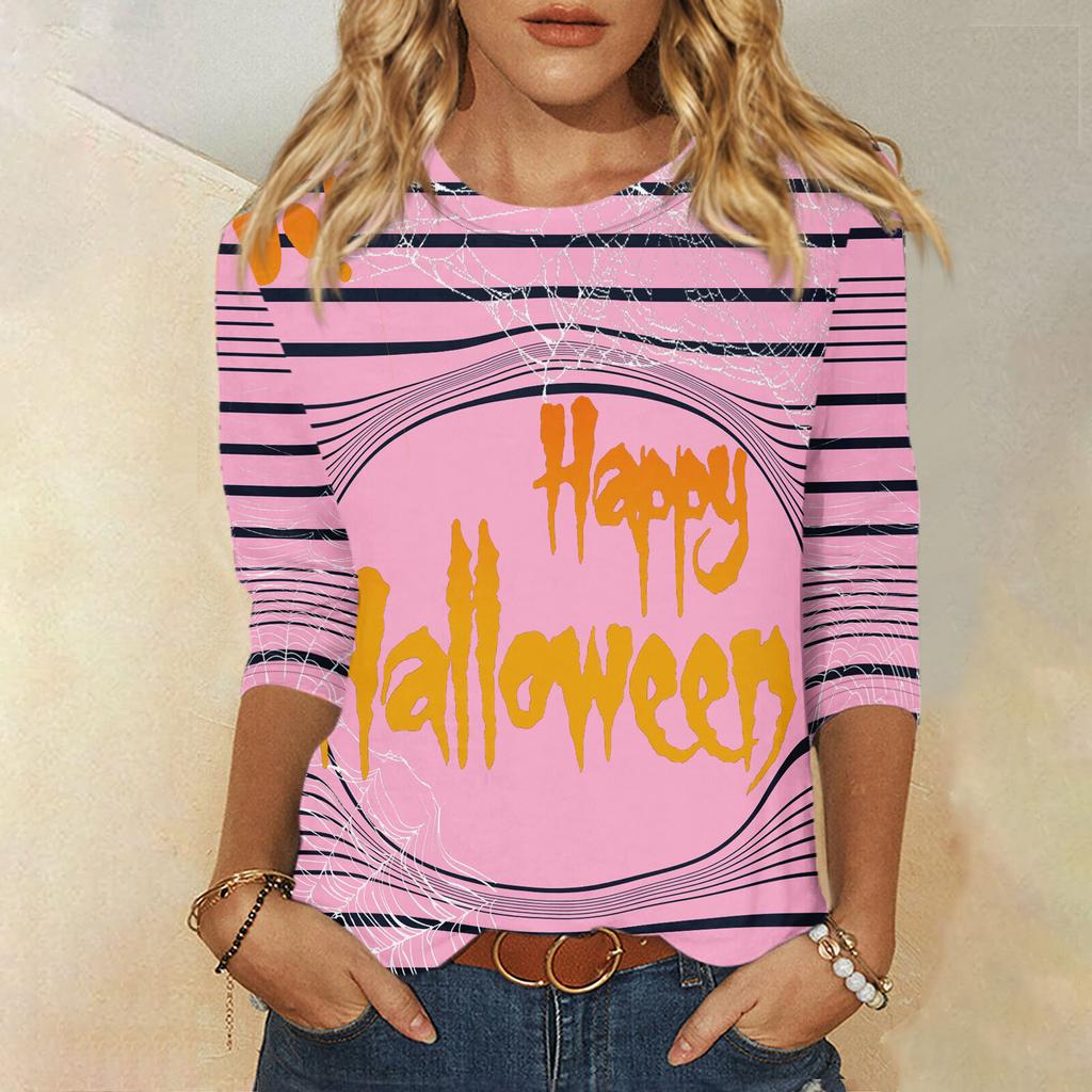 2024 New Women's Halloween Long Sleeve T-Shirt Spider Web Print Round Neck Casual Basic Loose Ladies Designer Tops