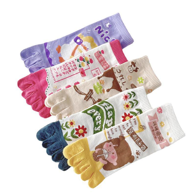 Women's Cute Cartoon Five-Toe Cotton Socks - Breathable, Sweat-Absorbent, Anti-Fungal, Ideal for Spring/Summer, Mid-Tube Length
