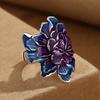Vintage Ethnic Style Enamel Fired Blue Peony Flower Adjustable Ring for Women  Floral Luxury Party Vacation Jewelry Gifts