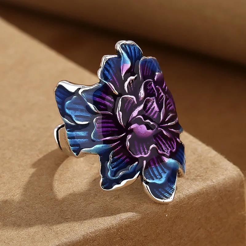 Vintage Ethnic Style Enamel Fired Blue Peony Flower Adjustable Ring for Women  Floral Luxury Party Vacation Jewelry Gifts