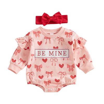 Baby Girl 2Pcs Spring Outfits Long Sleeve Round Neck Heart Bow Print Romper with Headband Set Infant Clothes