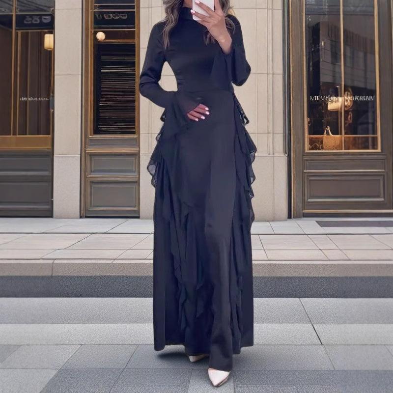 Frühling Europäische und Amerikanische Damenbekleidung Rundhals Trompetenärmel Temperament Hohe Taille Spleißband Kleid
