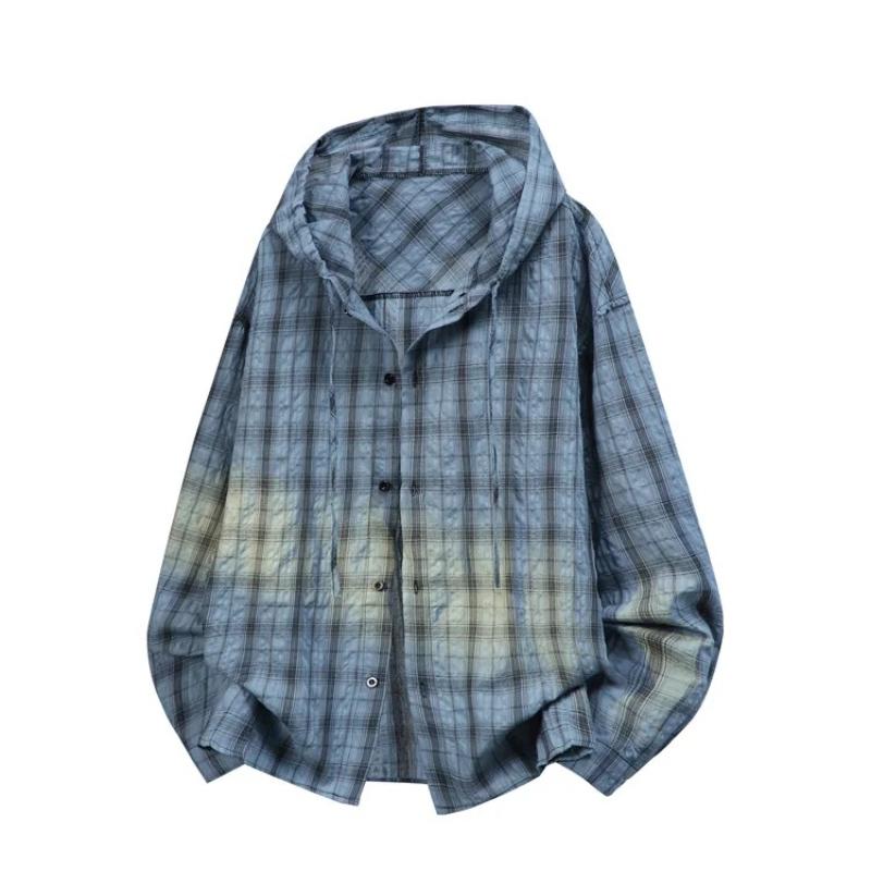 Unisex Plaid Long Sleeve Hooded Shirt Loose Sun Protection Outerwear American Retro Couple's Shirt Jacket Men's Top