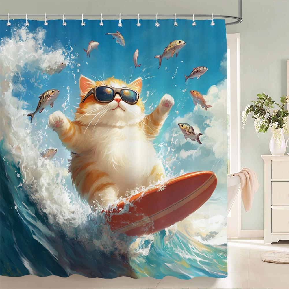 Funny and Creative Beach Cats and Dogs Fabric Shower Curtain Waterproof Polyester Bath Curtains for Bathroom Decorate with Hooks