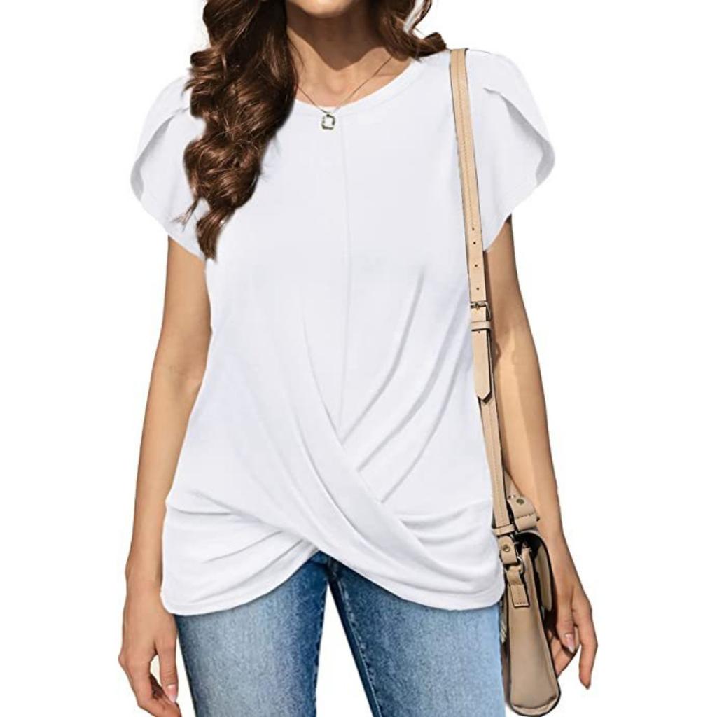Women's Solid Color Twist Knot Crew Neck Short Sleeve T-Shirt, Popular Casual Top for European American Women Crossborder Fashion