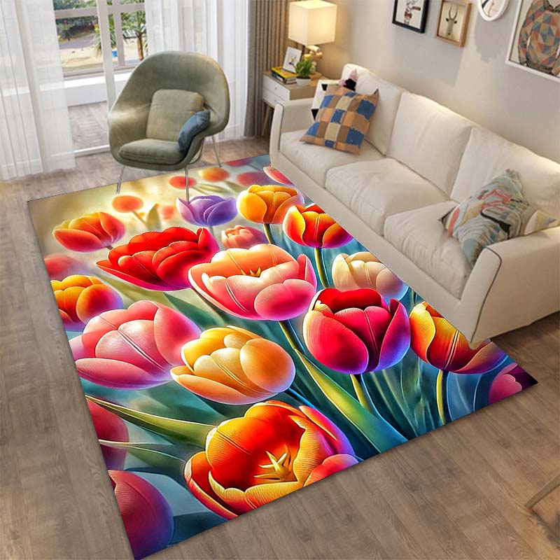 Sunflower Tulip Field Rug for Living Room, Bedroom, Coffee Table, Modern Non-slip Home Decor Area Rugs Customizable