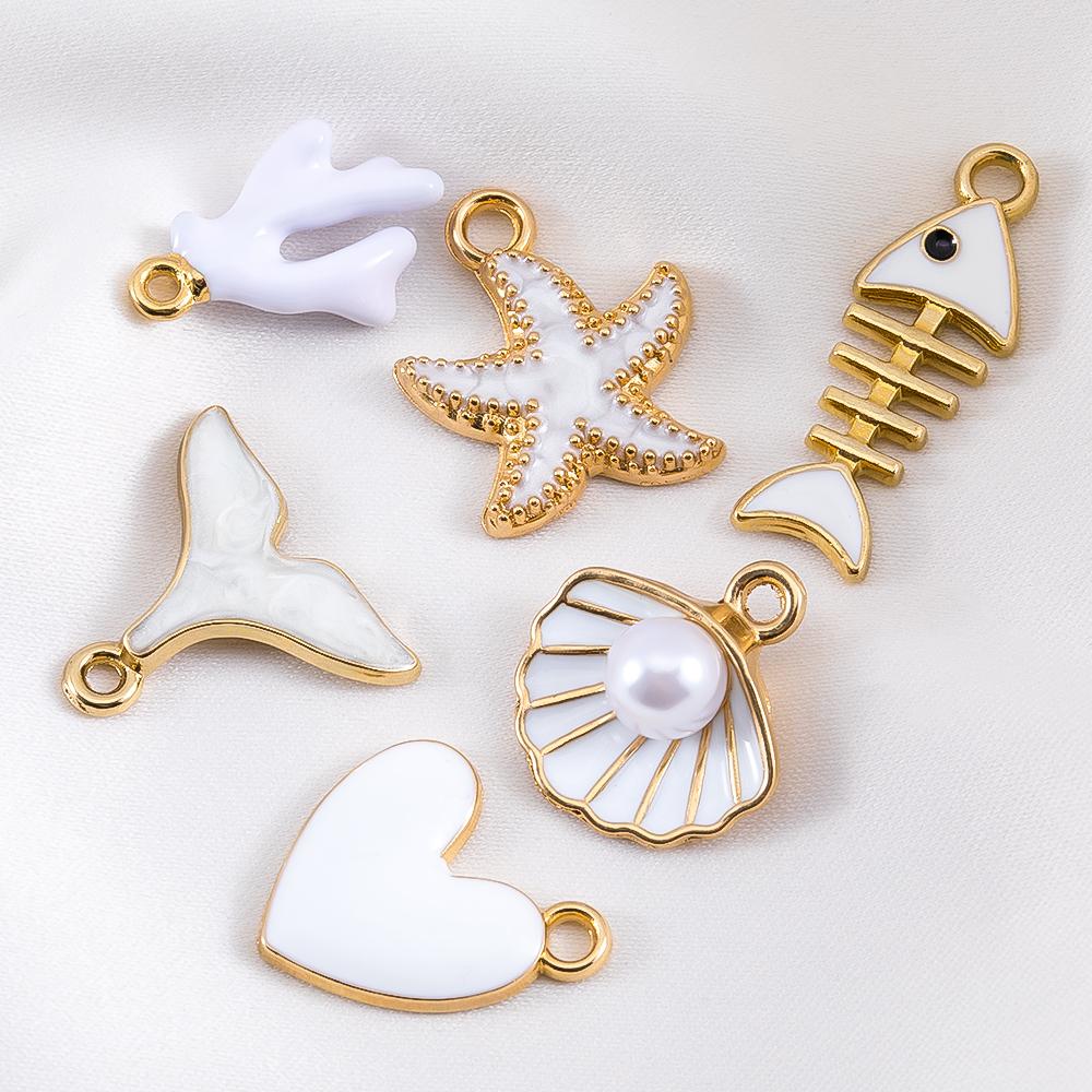 10pcs Trend White Enamel Ocean Coral Conch Fish Bones Fishtail Heart Charms Alloy Pendants DIY Necklace Keychain Jewelry Making