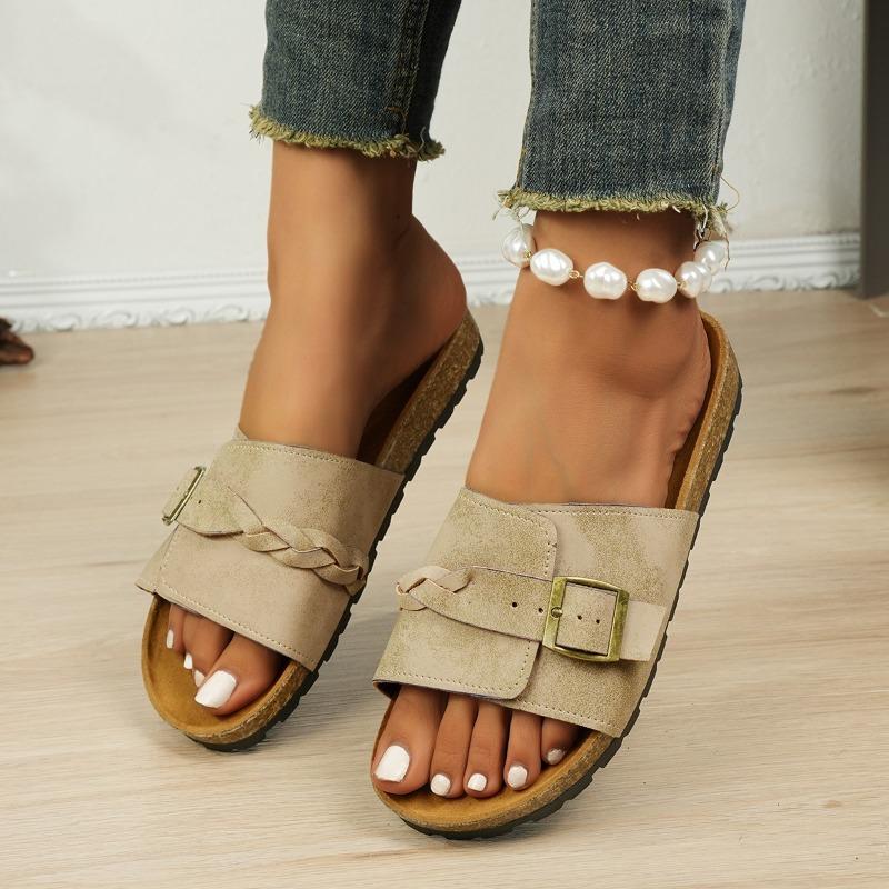 Fashion Plus Size Slippers Summer New Round Toe Open Toe Woven Metal Buckle Suede Soft Sole Anti-slip Wear-resistant Flats