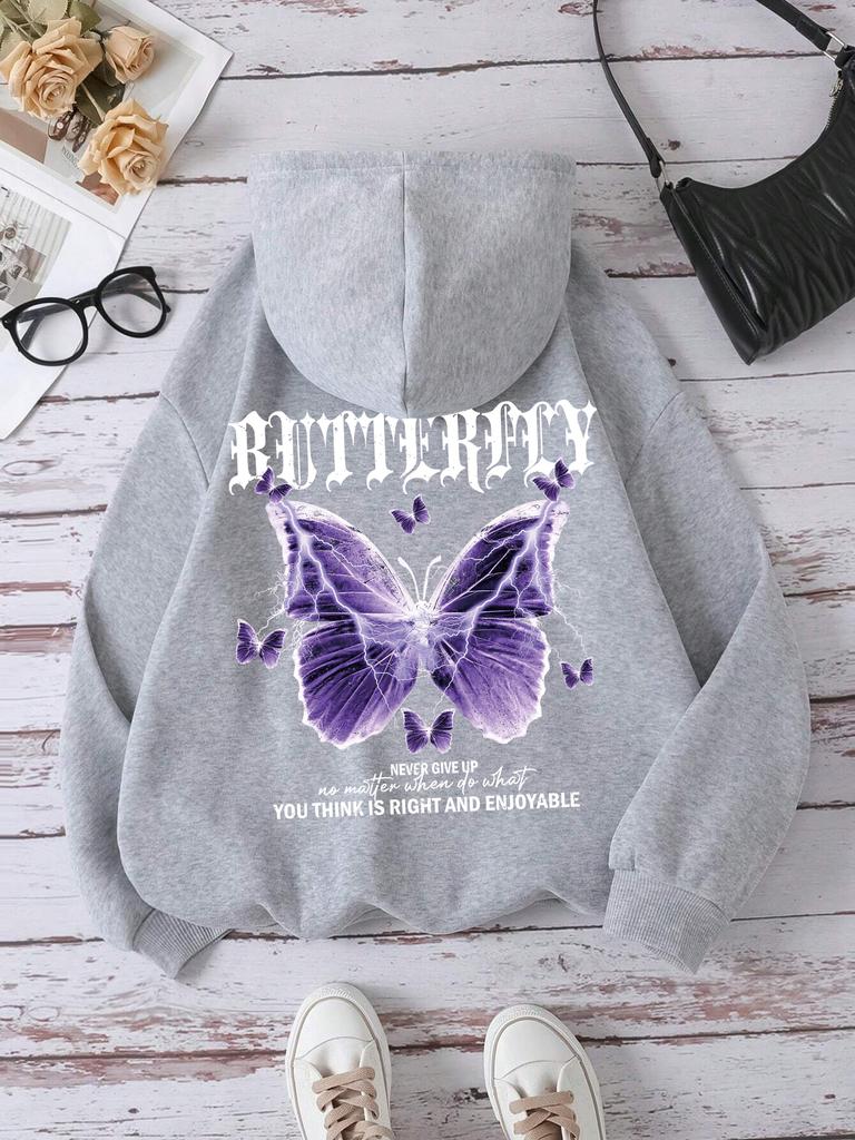 Wunderschöne Lila Schmetterlingsdruck Kapuzenpullover Damen Fleece Tasche Kapuzenpullover Einfacher Lässiger Hoodie Herbst Locker Weiblich Streetwear