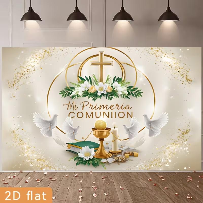 2D Mi Primera Comunion Celebration Background, Chalice & Dove Decor