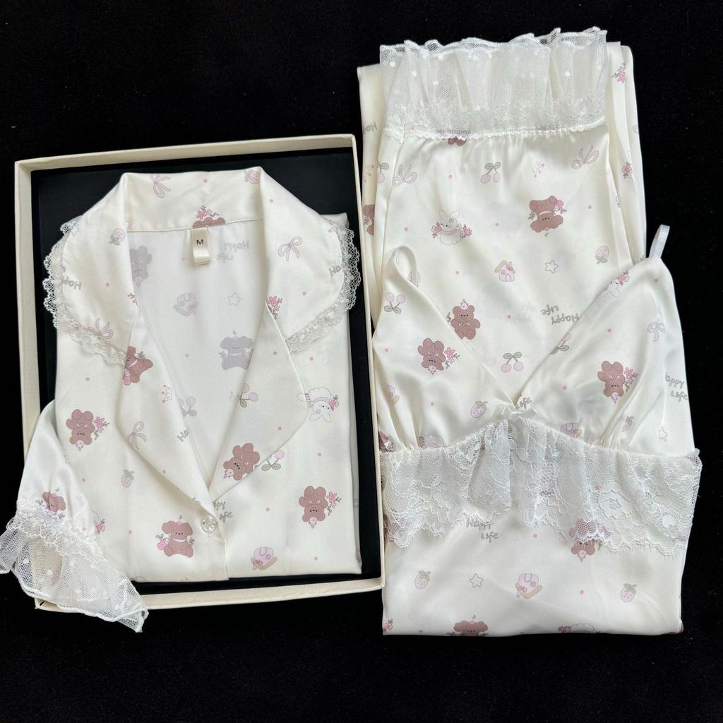 2026 Women's Ice Silk Floral Pajama Set: Long Sleeve Top, Long Pants, Lace Camisole with Bra Pads