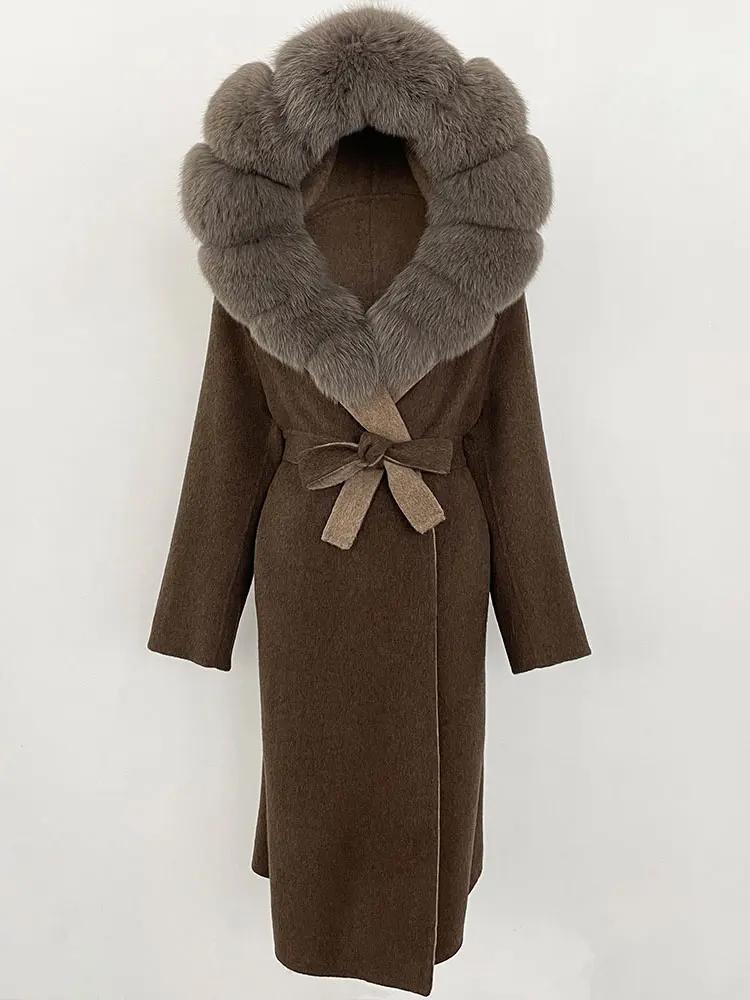 OFTBUY Winter Women Coat Real Natural Fox Fur Hooded Detachable Collar Double-faced Woolen Jacket Long Casual Elegant Overwears