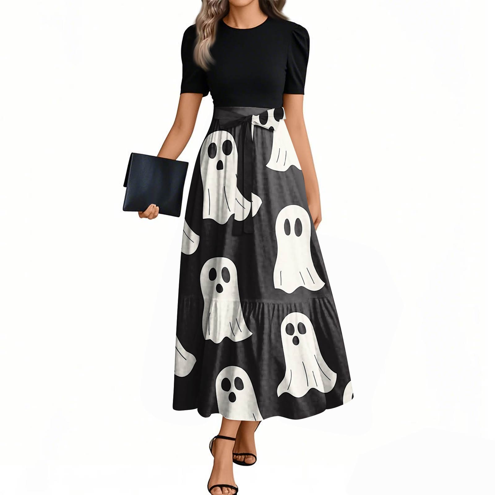 

Женское модное повседневное платье с поясом, с коротким рукавом, круглым вырезом и элегантным принтом на Хэллоуин L