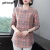 Fashion All-match Round Neck Plaid Shirt Women's Clothing Summer New Vintage Casual 3/4 Sleeve Button Spliced Pullovers Blouses