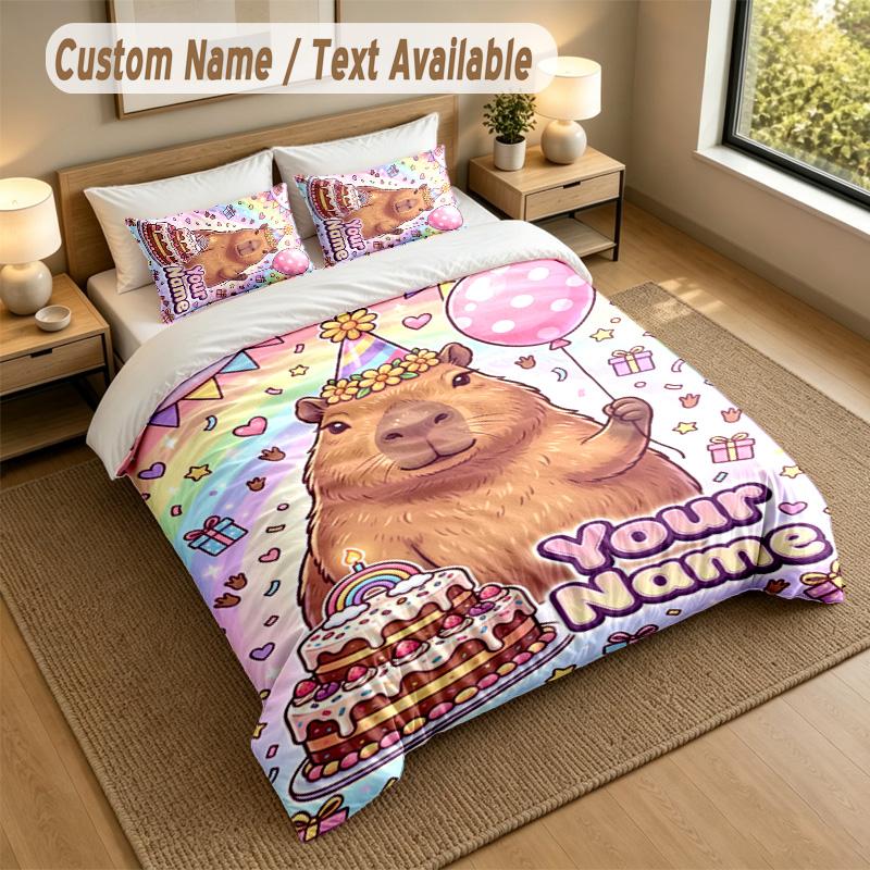 Capybara Theme Personalized 3Pcs Bedding Set Custom Text & Name 1 Sheet 2 Pillowcases Household Bedding 1pc