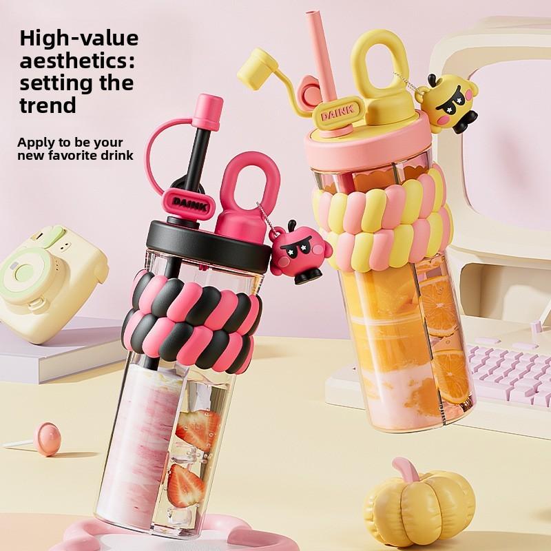 Girls Creative Cartoon Double Compartment Water Bottle With Straw For Students And Gifts