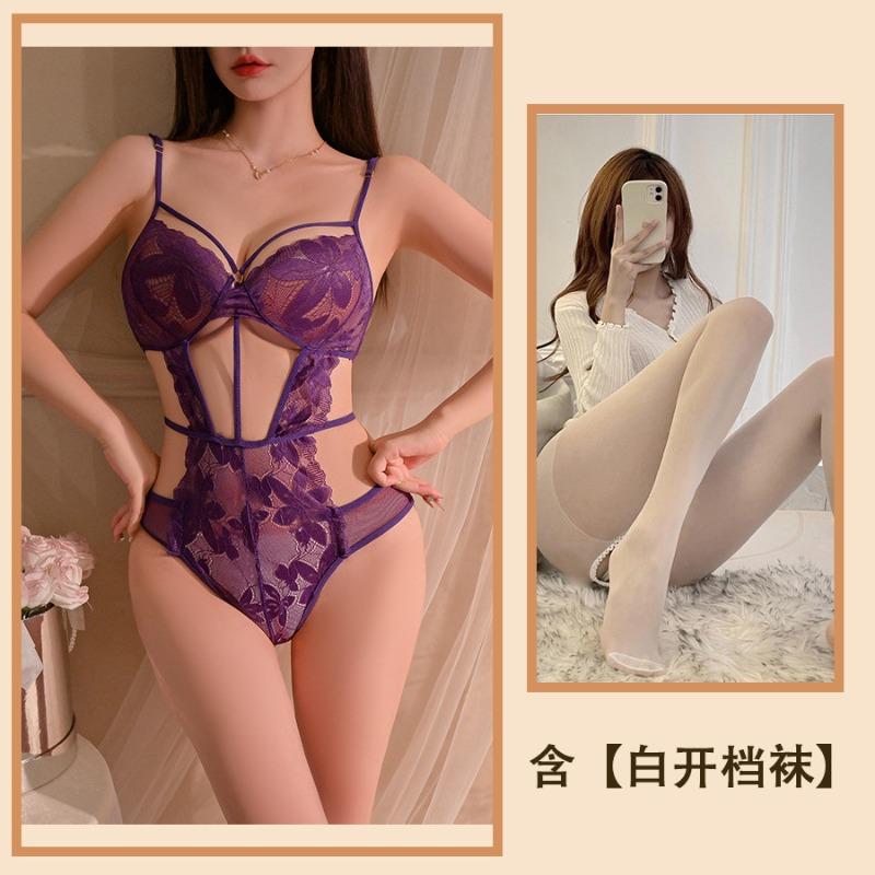 Purple Erotic Underwear, Sexy Lace Hollowed-out Suspenders Show Large Perspective, Free Backless Pajamas, Pure Desire Set